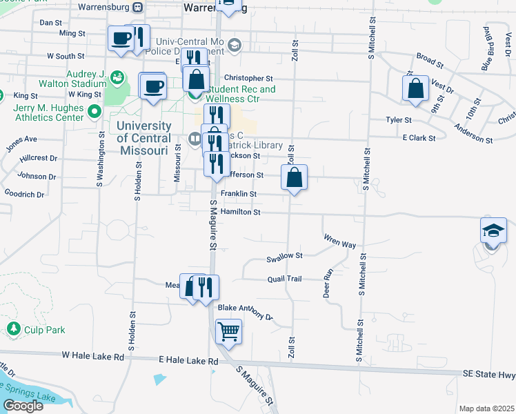 map of restaurants, bars, coffee shops, grocery stores, and more near 812 Hazelwood Court in Warrensburg