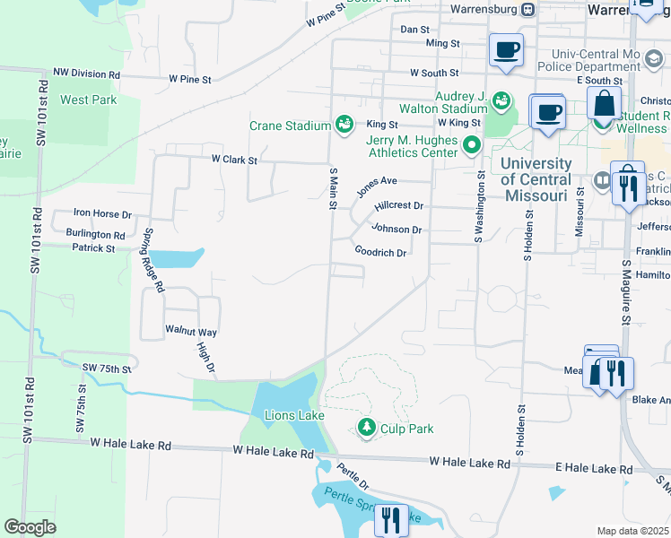 map of restaurants, bars, coffee shops, grocery stores, and more near 805 South Main Street in Warrensburg