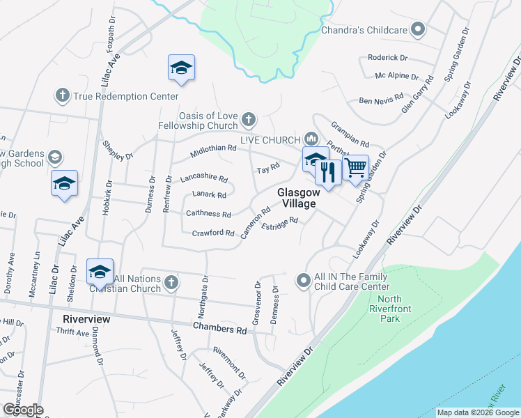 map of restaurants, bars, coffee shops, grocery stores, and more near 257 Cameron Road in St. Louis