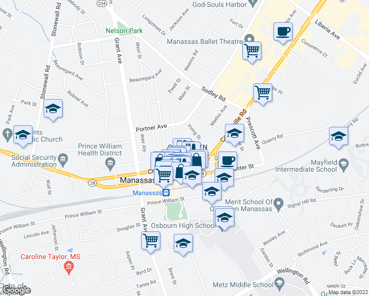 map of restaurants, bars, coffee shops, grocery stores, and more near 9317 Mathis Avenue in Manassas