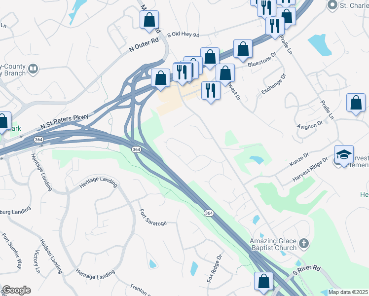 map of restaurants, bars, coffee shops, grocery stores, and more near 2379 Eagle Forest Drive in Saint Charles