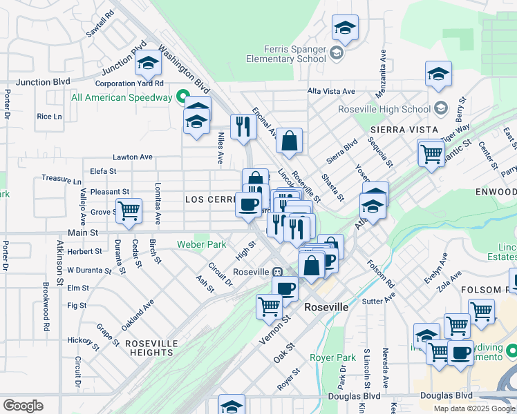 map of restaurants, bars, coffee shops, grocery stores, and more near 113 Placer Street in Roseville