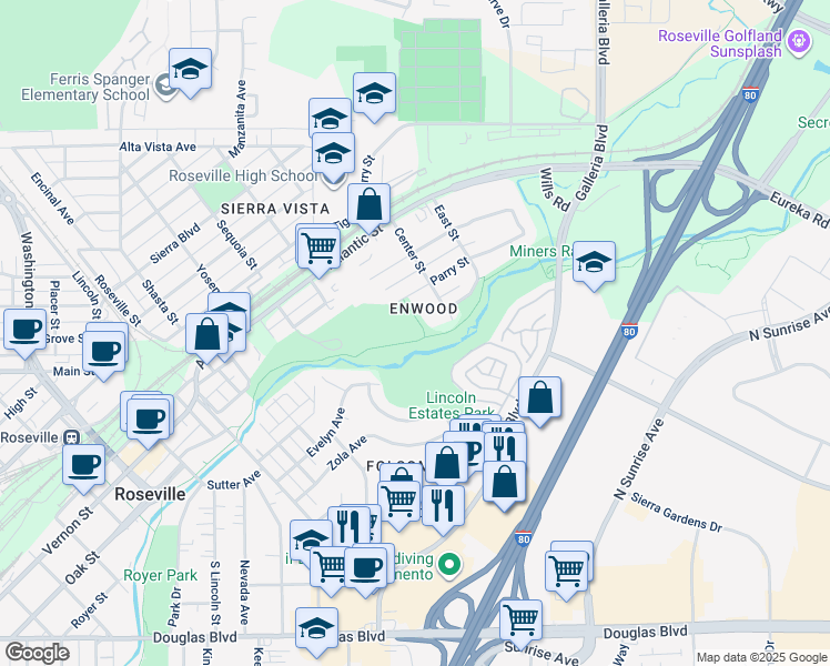 map of restaurants, bars, coffee shops, grocery stores, and more near 700 Parry Street in Roseville