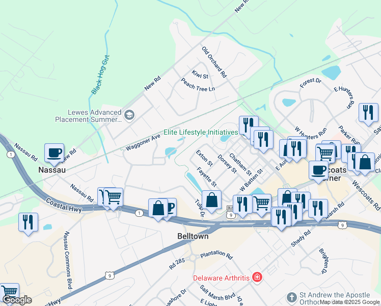 map of restaurants, bars, coffee shops, grocery stores, and more near 33040 West Falling Creek Street in Lewes