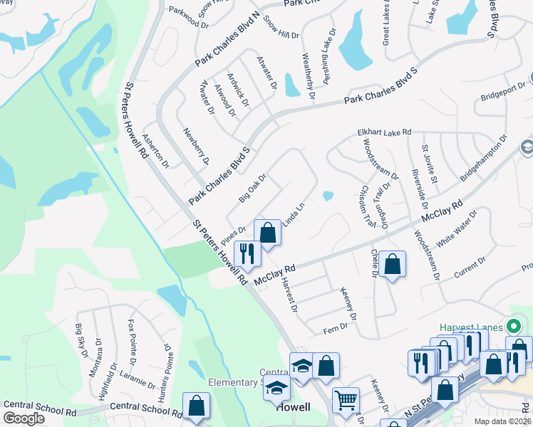 map of restaurants, bars, coffee shops, grocery stores, and more near 18 Pines Drive in Saint Peters