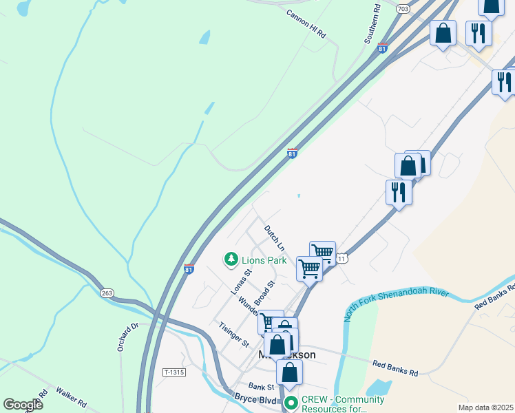 map of restaurants, bars, coffee shops, grocery stores, and more near 358 Dutch Lane in Mount Jackson
