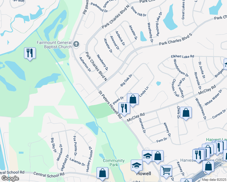 map of restaurants, bars, coffee shops, grocery stores, and more near 5 Pines Drive in St. Peters