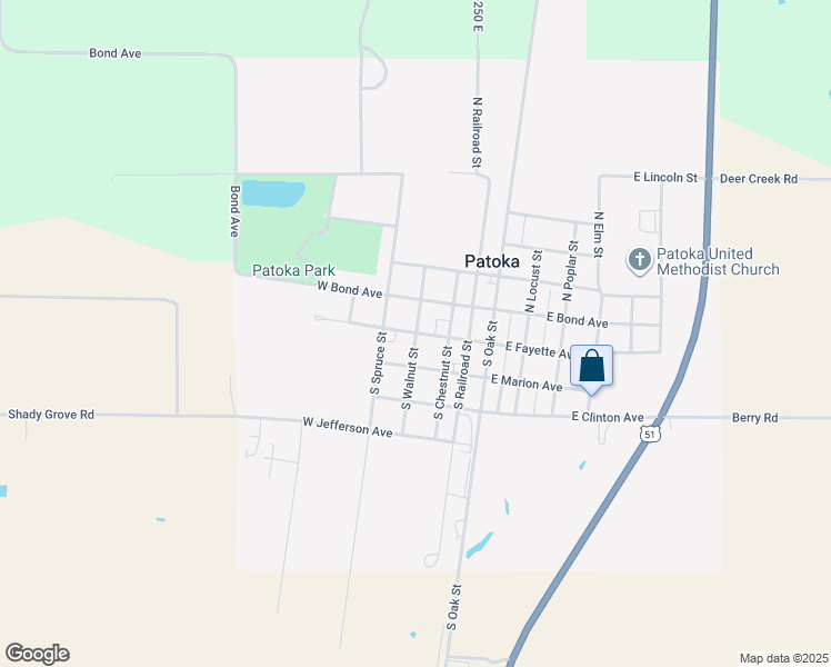 map of restaurants, bars, coffee shops, grocery stores, and more near 201 South Walnut Street in Patoka
