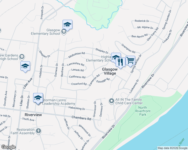 map of restaurants, bars, coffee shops, grocery stores, and more near in Glasgow Village