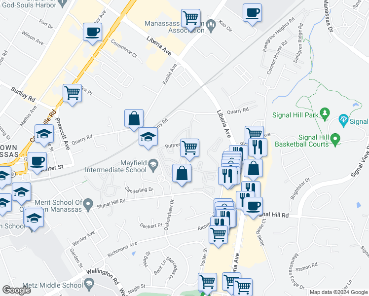 map of restaurants, bars, coffee shops, grocery stores, and more near 8376 Buttress Lane in Manassas