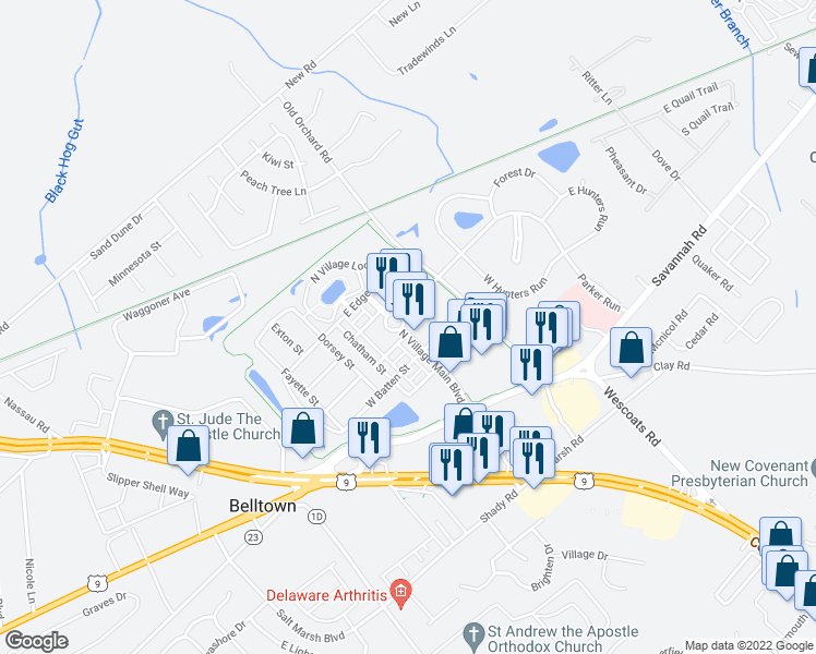 map of restaurants, bars, coffee shops, grocery stores, and more near 17314 North Village Main Boulevard in Lewes