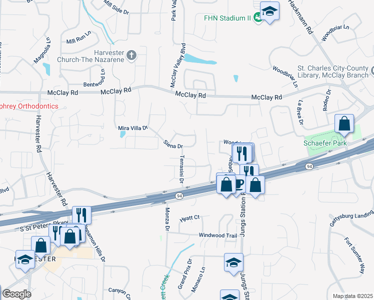 map of restaurants, bars, coffee shops, grocery stores, and more near 101 Palermo Place in St. Peters