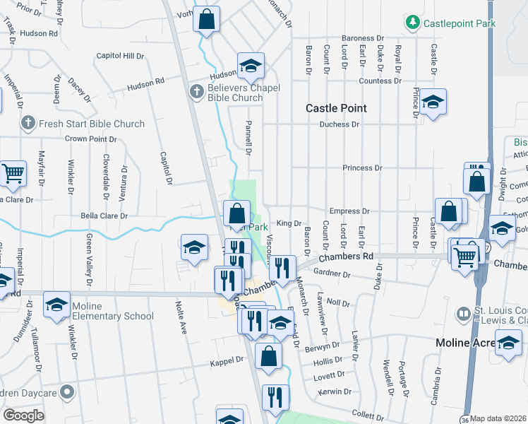 map of restaurants, bars, coffee shops, grocery stores, and more near 10062 Viscount Drive in St. Louis