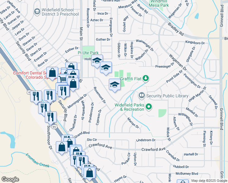 map of restaurants, bars, coffee shops, grocery stores, and more near 509 Widefield Drive in Colorado Springs
