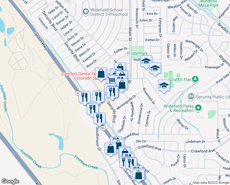 map of restaurants, bars, coffee shops, grocery stores, and more near 358 Main Street in Colorado Springs