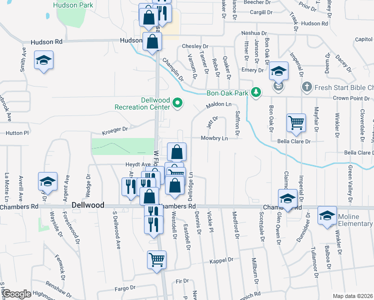 map of restaurants, bars, coffee shops, grocery stores, and more near 10134 West Florissant Avenue in St. Louis