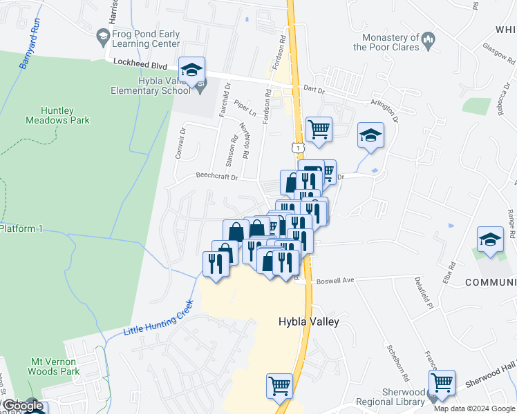 map of restaurants, bars, coffee shops, grocery stores, and more near 8522 Snowpea Court in Alexandria