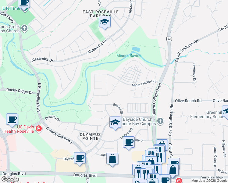 map of restaurants, bars, coffee shops, grocery stores, and more near 505 Pindar Court in Roseville