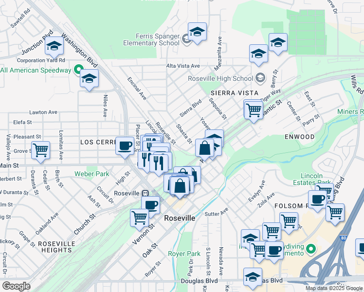 map of restaurants, bars, coffee shops, grocery stores, and more near 100 Tahoe Avenue in Roseville