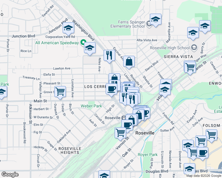 map of restaurants, bars, coffee shops, grocery stores, and more near in Roseville