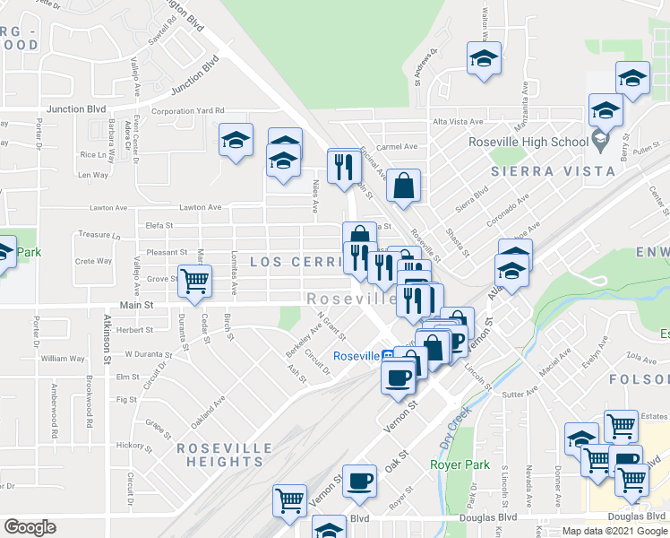 map of restaurants, bars, coffee shops, grocery stores, and more near in Roseville