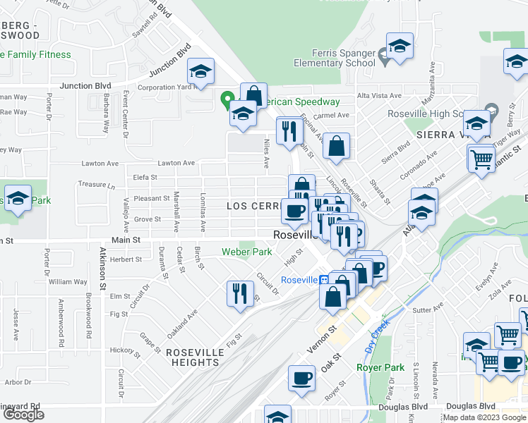 map of restaurants, bars, coffee shops, grocery stores, and more near 118 Alta Avenue in Roseville