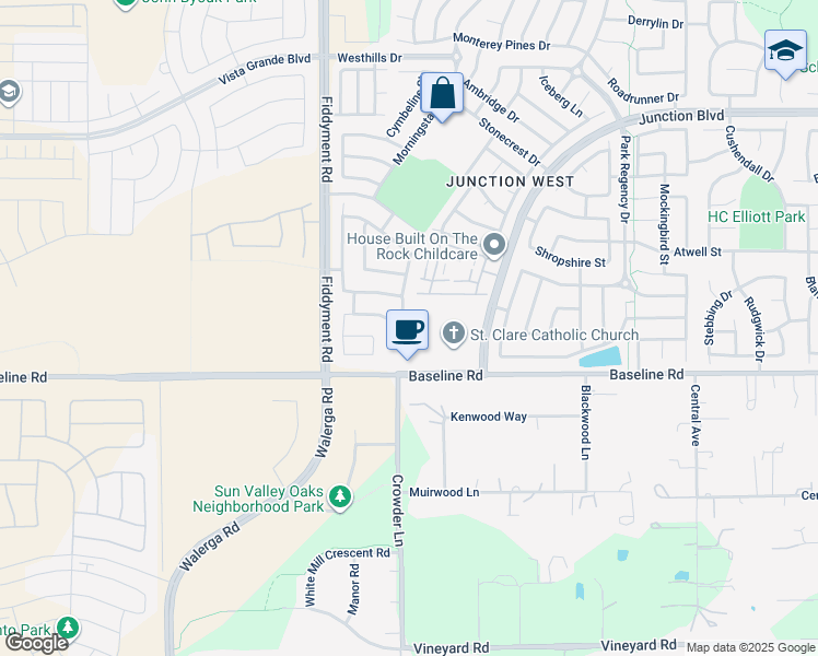map of restaurants, bars, coffee shops, grocery stores, and more near 4080 Baseline Road in Roseville