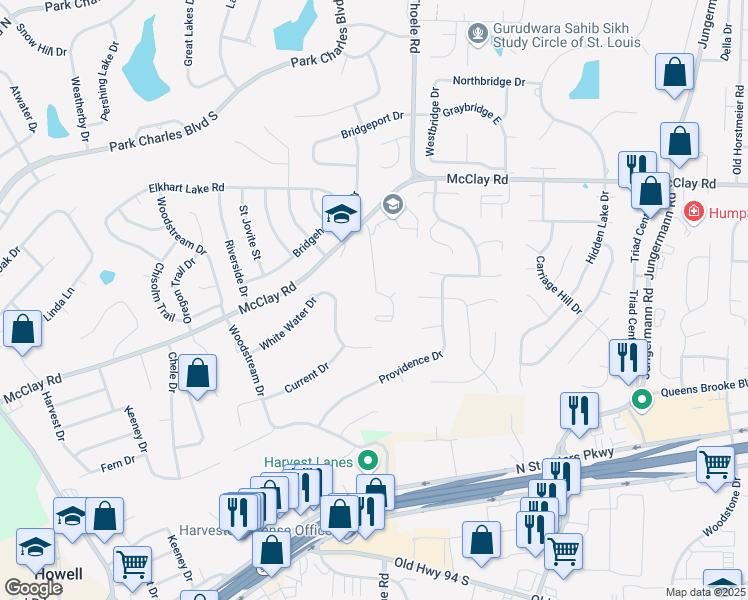 map of restaurants, bars, coffee shops, grocery stores, and more near 4100 Shepherds Hill Circle in St. Peters