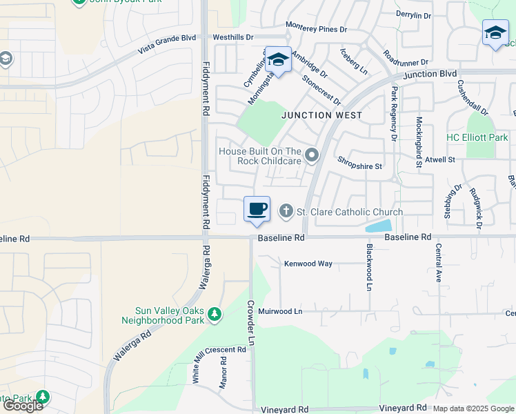 map of restaurants, bars, coffee shops, grocery stores, and more near 4080 Baseline Road in Roseville