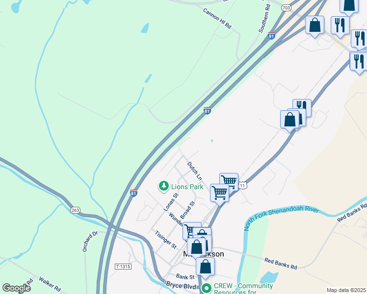 map of restaurants, bars, coffee shops, grocery stores, and more near 358 Dutch Lane in Mount Jackson