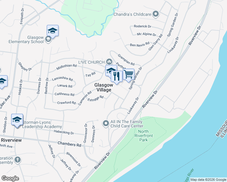 map of restaurants, bars, coffee shops, grocery stores, and more near 141 Cameron Road in St. Louis