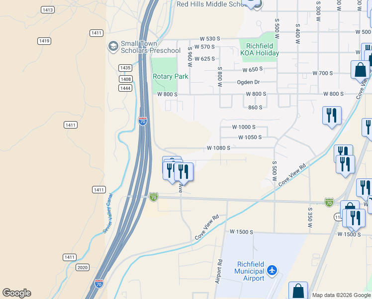 map of restaurants, bars, coffee shops, grocery stores, and more near 973 West 1080 South in Richfield