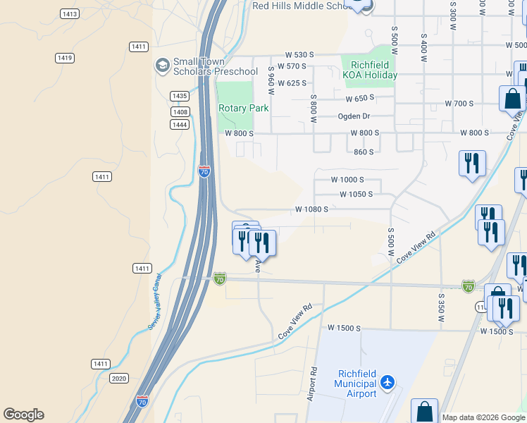map of restaurants, bars, coffee shops, grocery stores, and more near 977 West 1080 South in Richfield