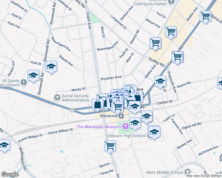 map of restaurants, bars, coffee shops, grocery stores, and more near 9312 West Street in Manassas