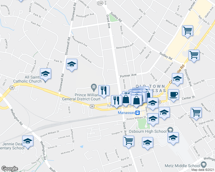 map of restaurants, bars, coffee shops, grocery stores, and more near 9259 Mosby Street in Manassas