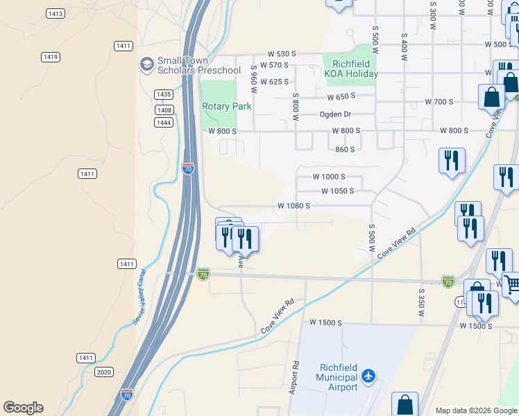 map of restaurants, bars, coffee shops, grocery stores, and more near 942 West 1100 South in Richfield