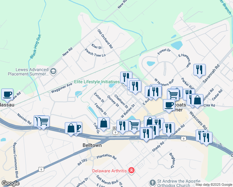 map of restaurants, bars, coffee shops, grocery stores, and more near 17268 Chatham Street in Lewes