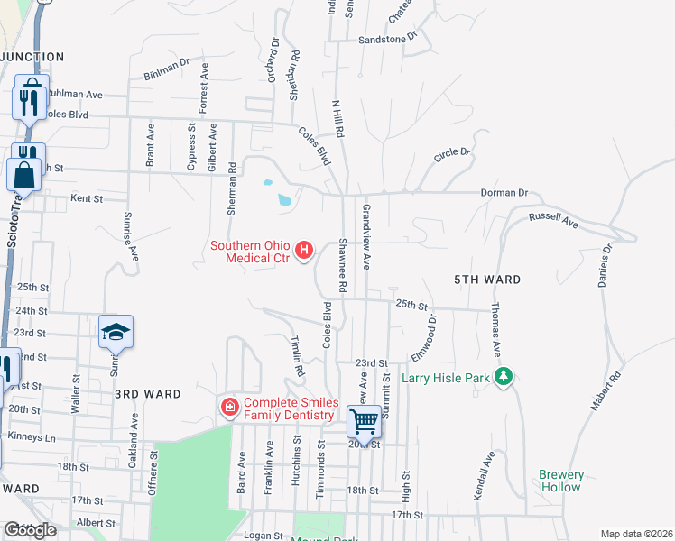 map of restaurants, bars, coffee shops, grocery stores, and more near 2650 Shawnee Road in Portsmouth