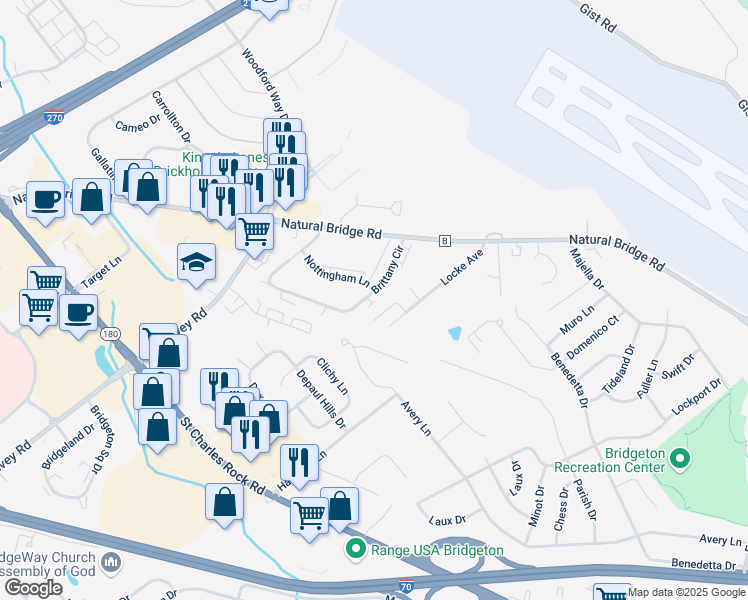 map of restaurants, bars, coffee shops, grocery stores, and more near 3987 Brittany Circle in Bridgeton