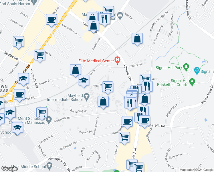 map of restaurants, bars, coffee shops, grocery stores, and more near 8374 Buttress Lane in Manassas