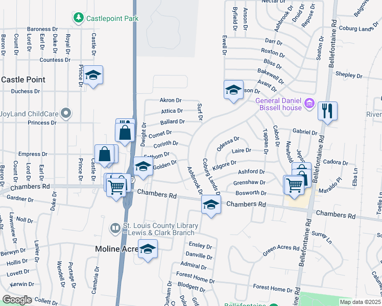 map of restaurants, bars, coffee shops, grocery stores, and more near 10076 Ashbrook Drive in St. Louis