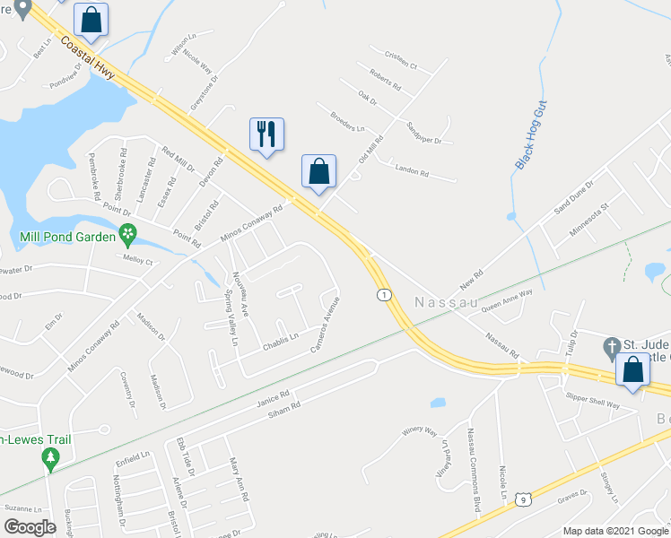map of restaurants, bars, coffee shops, grocery stores, and more near 31871 Carneros Avenue in Lewes