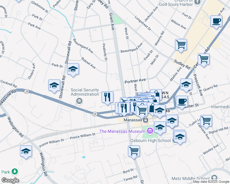 map of restaurants, bars, coffee shops, grocery stores, and more near 9255 Mosby Street in Manassas