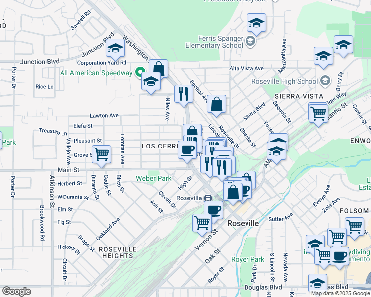 map of restaurants, bars, coffee shops, grocery stores, and more near 309 Hill Avenue in Roseville
