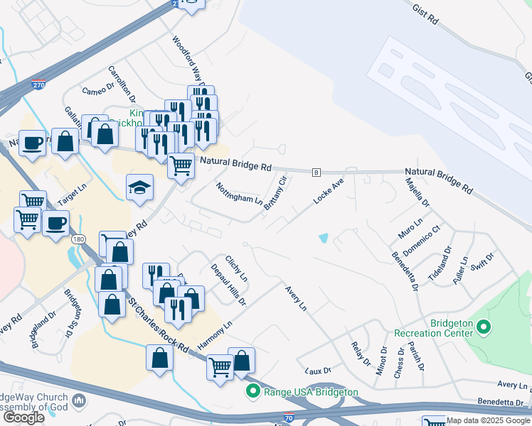 map of restaurants, bars, coffee shops, grocery stores, and more near 3987 Brittany Circle in Bridgeton