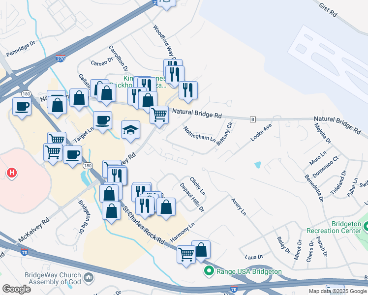 map of restaurants, bars, coffee shops, grocery stores, and more near 12150 Nottingham Lane in Bridgeton