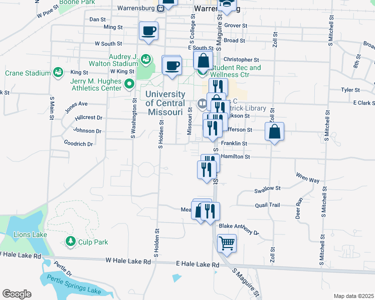 map of restaurants, bars, coffee shops, grocery stores, and more near 715 Missouri Street in Warrensburg