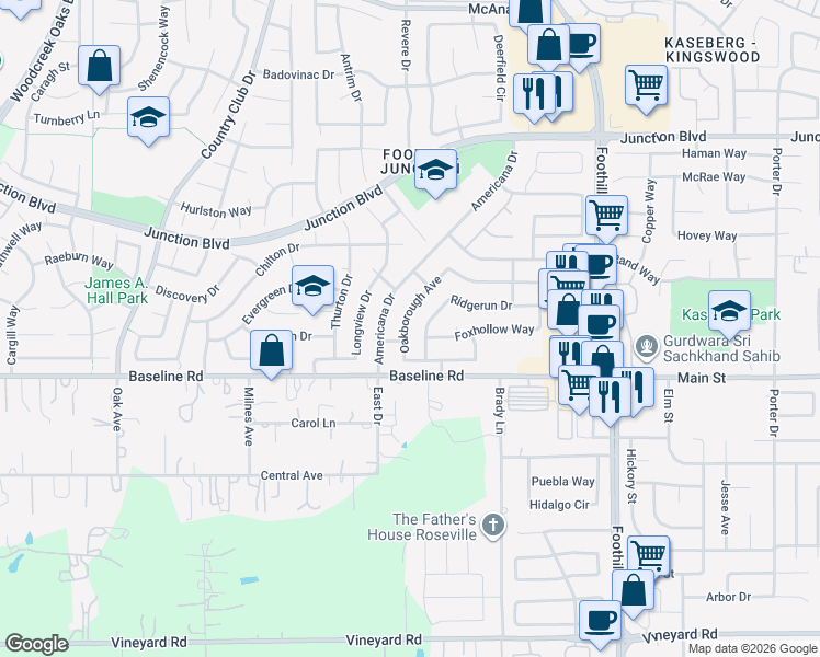 map of restaurants, bars, coffee shops, grocery stores, and more near 562 Oakborough Avenue in Roseville