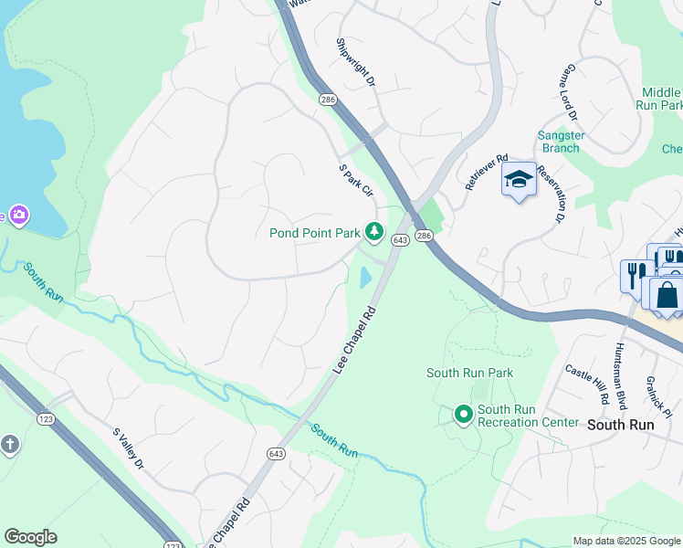 map of restaurants, bars, coffee shops, grocery stores, and more near 9908 South Park Circle in Fairfax Station