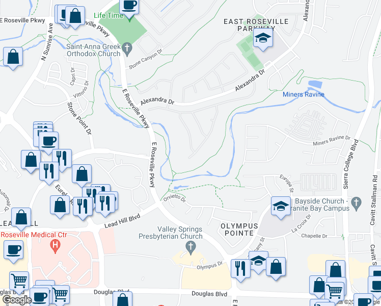 map of restaurants, bars, coffee shops, grocery stores, and more near 201 Vista Ridge Court in Roseville